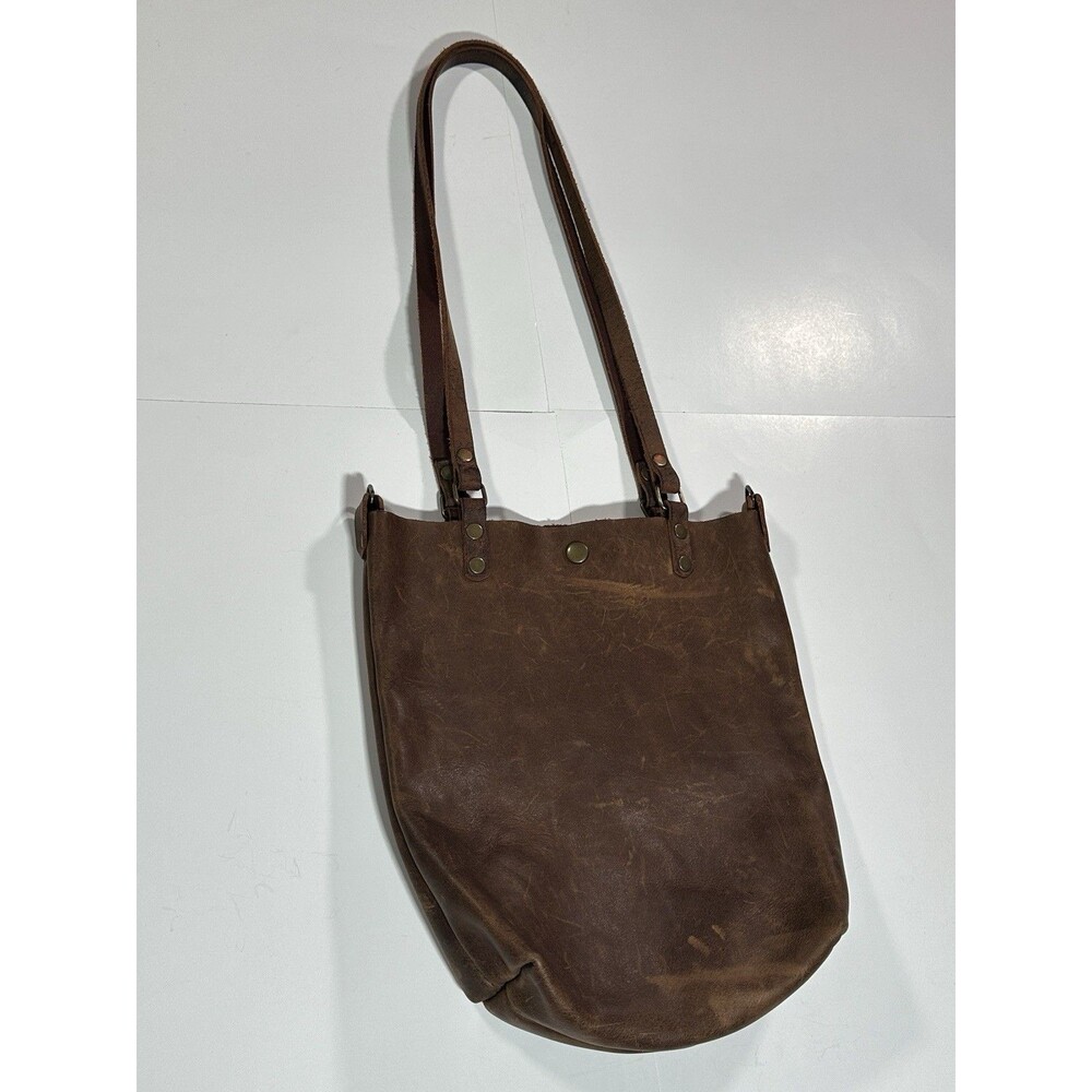 Vintage 90s Handmade Leather Small Tote Bag Hand Bag Brown Bourbon Made in USA - Picture 2 of 14